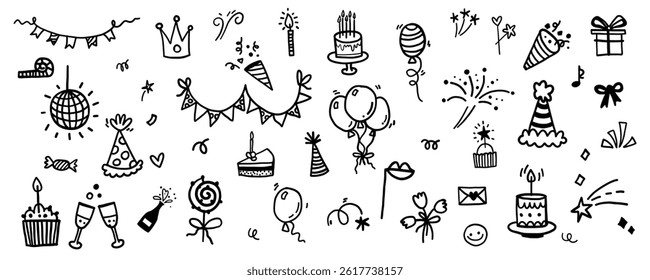 Cute vector birthday party icon hand drawn doodle set with garlands, cake, balloons, fireworks, bunting. Celebrate the happy anniversary, wedding day collection