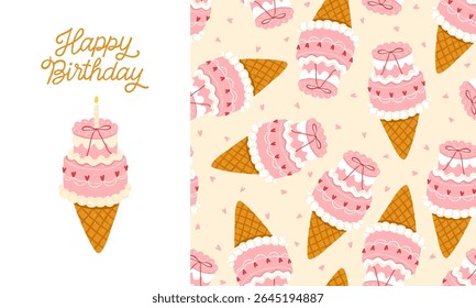 Cute vector birthday set with pastel bento cake cones, hand-drawn lettering and seamless pattern. Romantic pink hearts and sweet frosting. Perfect for packaging, cards and kids party design