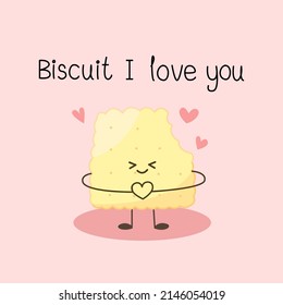 Cute, vektor bitten Keks, die herzhafte Hände mit Zitat "Biscuit I love you" und rosafarbene Herzen auf hellrosa Hintergrund. Printessbare Speisen und Dessertpistolen für Kartendesign im Lieblings- und Romankonzept