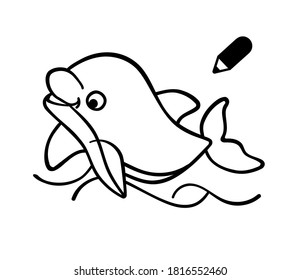 Cute vector black cartoon silhouette contour drawing illustration of a funny smiling baby Dolphin fish floating in the waves of sea water. Children's coloring book.