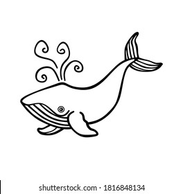 Cute vector black cartoon silhouette outline drawing of a funny whale with fountain curls.Children's coloring book.
