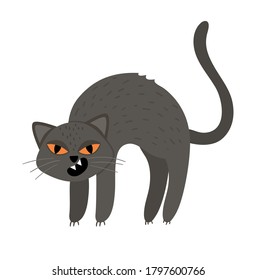 Cute vector black cat with arched spine and orange eyes. Halloween character icon. Funny autumn all saints eve illustration with scary animal. Samhain party sign design for kids. 
