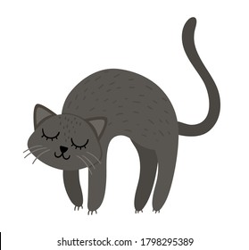 Cute vector black cat with arched spine and closed eyes. Halloween character icon. Autumn all saints eve illustration with scary animal. Samhain party sign design for kids