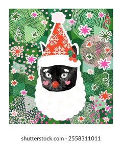 Cute vector black cat with beard and a Santa hat on a green Christmas background