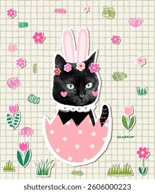 Cute vector black cat with bunny ears, Funny Easter animal design, collage illustration background