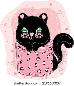 Cute Vector black cat with a leopard gift box.Vectorblack cat have a present for you. Vector nursery Holiday Print for poster, card, greeting, pijamas, tshirt, wall art. Leopard print gift box