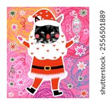 Cute vector black cat in Santa Claus costume with beard, champagne with fish , Funny kitty poster, greeting card or banner