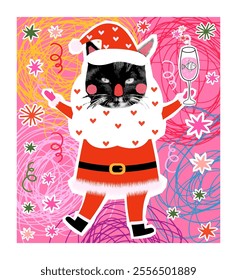 Cute vector black cat in Santa Claus costume with beard, champagne with fish , Funny kitty poster, greeting card or banner