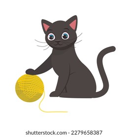 Cute vector black cat sits next to a yellow ball of thread.