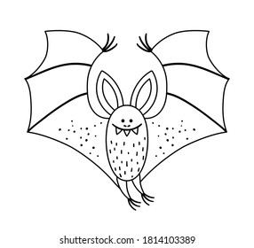 Cute vector black and white bat with spread wings. Halloween character icon. Autumn all saints eve illustration with flying animal. Samhain party coloring page for kids. 
