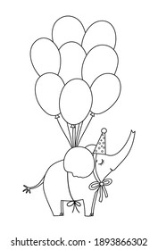 Cute vector black and white elephant in party hat flying on bunch of balloons. Adorable outline animal illustration. Funny birthday clipart for card, poster, print design. Holiday line icon for kids