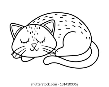 Cute vector black and white sleeping cat. Halloween character icon. Funny autumn all saints eve illustration with scary animal. Samhain party coloring page for kids. 
