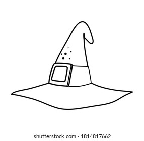 Cute vector black and white wizard hat. Halloween accessory icon. Funny autumn all saints eve coloring page with tall witch hat. Samhain dress party costume element for kids. 
