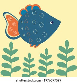 Cute vector blue cartoon fish 