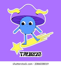 Cute vector blue mushroom on falling star as a Taurus zodiac sign. Fungi sticker illustration with face as an astrology symbol. Bright colours, childish drawing.