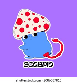 Cute vector blue mushroom as a Scorpio zodiac sign. Fungi sticker illustration with face as an astrology symbol. Bright colors, childish drawing.