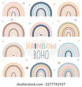 Cute vector Boho Rainbow Illustration set with heart isolated on white background, perfect for baby shower, birthday, children's party and printable poster for kids