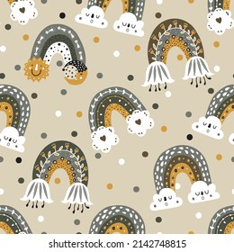 Cute vector boho seamless pattern with a rainbow in Scandinavian style. Endless pattern can be used for ceramic tile, wallpaper, linoleum, textile, web page background.