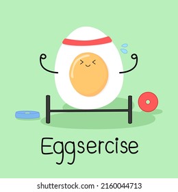 Cute vector boiled egg with quote "Eggsercise" illustrated on green background. Funny pun for card design in food concept.