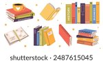 Cute vector book collection. Different stacks of books, open books. Educational theme. White isolated background.