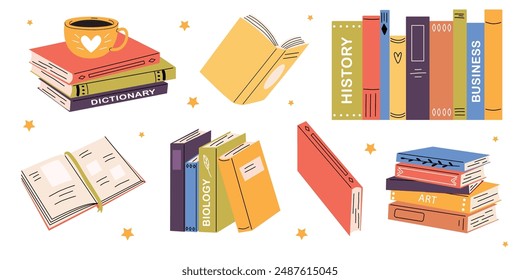 Cute vector book collection. Different stacks of books, open books. Educational theme. White isolated background.