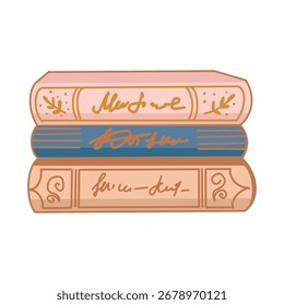 Coleção de livros vetoriais bonitos. Pilha de três livros. Tema educacional. Fundo isolado branco. Ilustração plana vetorial. Livros para projetos femininos.