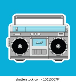 A cute vector boombox sticker icon on a blue background.