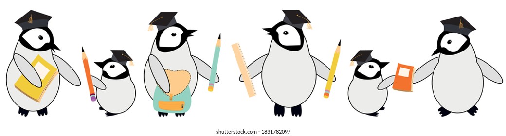 Cute vector border with Kawaii penguin chicks in scholar hat with pencils, notebooks on white backdrop. Banner with a row of cartoon emperor babies in school attire. Fun concept for education learning