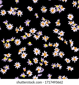 Cute vector botanical seamless pattern. Small daisies scatterred. Wild flowers in vintage style. Flat simple floral freehand background for kids, baby and girls design, textile, fabric, wallpaper,