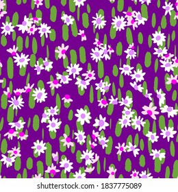 Cute vector botanical seamless pattern. Small daisies scatterred. Wild flowers in vintage style. Flat simple floral freehand background for kids, baby and girls design, textile, fabric, wallpaper,