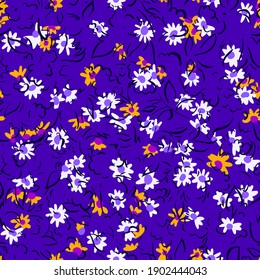 Cute vector botanical seamless pattern. Small daisies scatterred. Wild flowers in vintage style. Flat simple floral freehand background for kids, baby and girls design, textile, fabric, wallpaper,