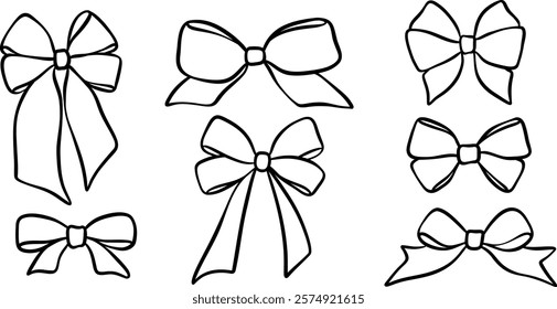 Cute vector bow set, hand drawn line art ink doodle collection isolated