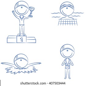 Cute vector boys in different situations in the pool: swimming, standing with a towel and on the winner's podium with the cup
