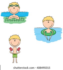 Cute vector boys in different situations in the pool: swimming with rubber ring, standing with inflatable armbands, resting 