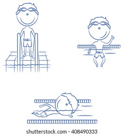 Cute vector boys in different situations in the pool: swimming, resting on dividing line, standing near the stairs
