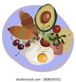 cute vector breakfast plate with egg avocado cherries tomatoes croissants salad and cheese