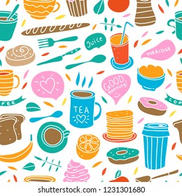 Cute vector breakfast seamless pattern. Background with food and drink illustrations. Doodle pattern for decoration menu and cafe