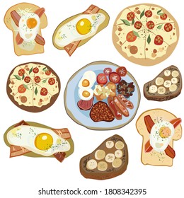 cute vector breakfast set with scrambled eggs pizza and toast