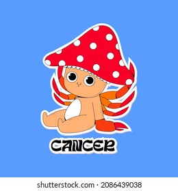 Cute vector brown and red mushroom as a Cancer zodiac sign. Fungi sticker illustration with face as an astrology symbol. Bright colors, childish drawing.