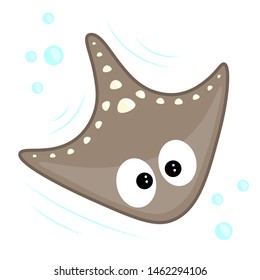 Cute vector brown stingray for kids. Underwater resident picture for teaching children