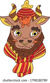 süßer Vektorbull auf Wintermütze und Weihnachtskugel
