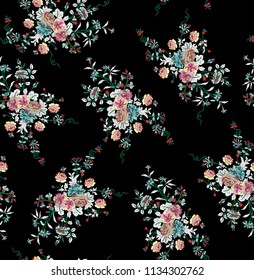 cute vector bunches flowers pattern on black background