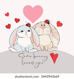 Cute vector bunnies couple with hearts in cartoon style