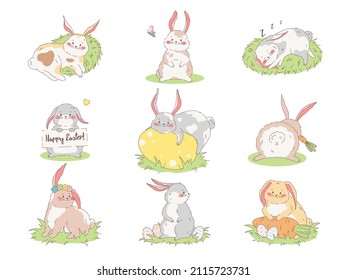 Cute Vector bunnies set. Easter cartoon high quality illustrations.