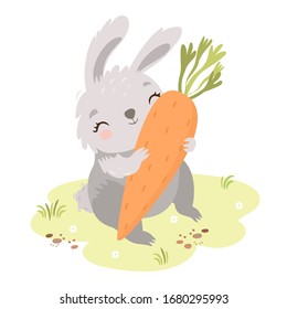 Cute vector bunny with a big carrot on a flower meadow. cartoon animal