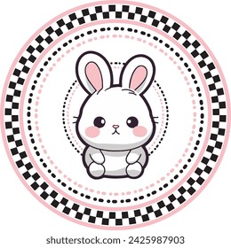 Cute Vector Bunny in a Circle Checkerboard