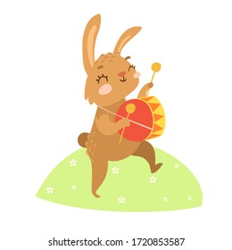 Cute vector bunny with a drum. animal musician. funny rabbit character