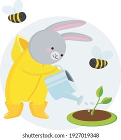 Cute vector bunny, is engaged in gardening. Watering the sprout with water from a watering can Spring, bees. Cartoon bunny in boots. Children's illustration.
