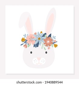 Cute vector Bunny head with floral wreath or crown cartoon flat style. Baby room, nursery, baby shower design template. Rabbit face for prints, textile, decor, posters, greeting cards.