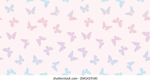 Cute vector butterfly background, soft pastel girly wallpaper with butterfly silhouettes, pastel gradient rainbow.